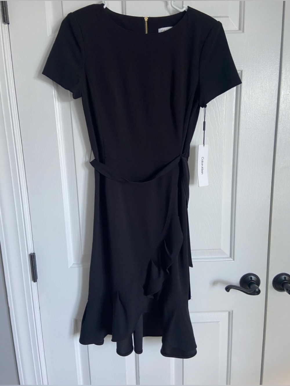 Calvin Klein NWT Black Short-Sleeve Ruffle Wrap Midi Dress Size 4 - Picture 4 of 10
